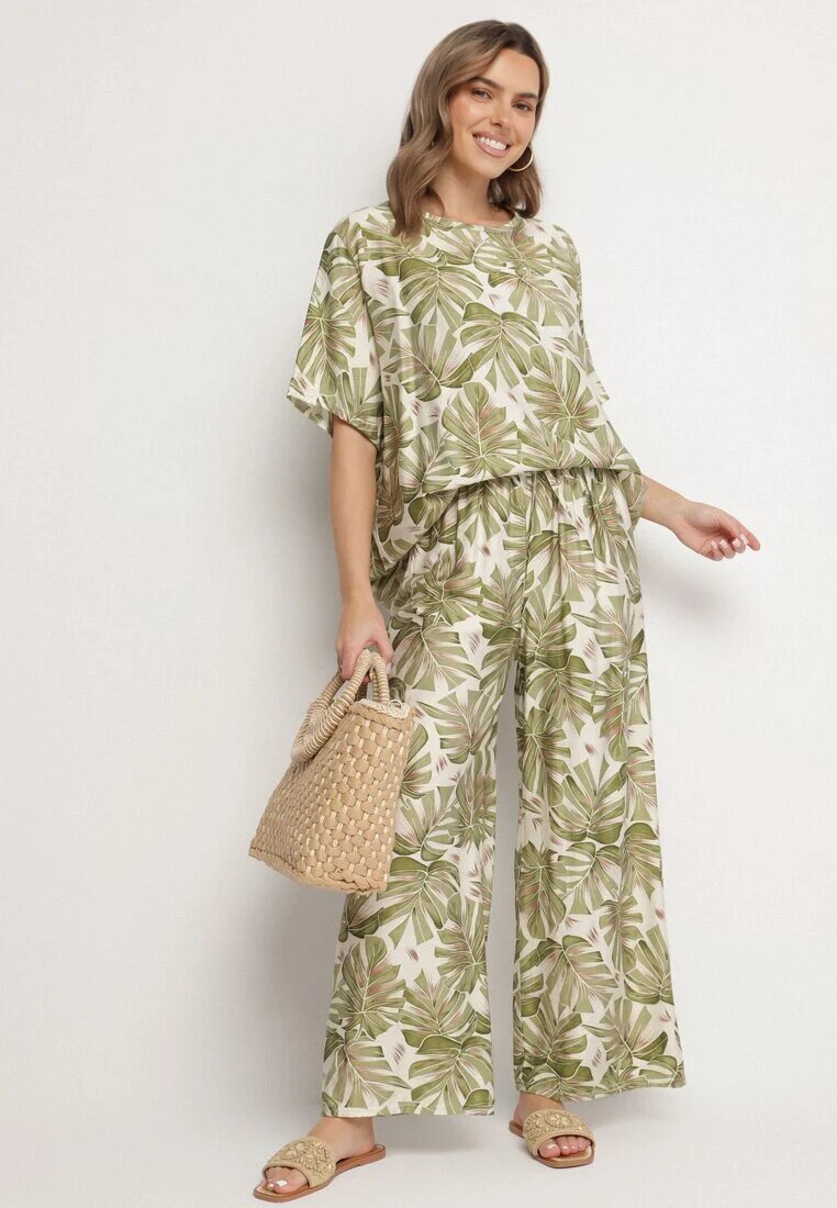 j&x Set viscoză verde închis cu model vegetal Pantaloni largi și tricou Evianira
