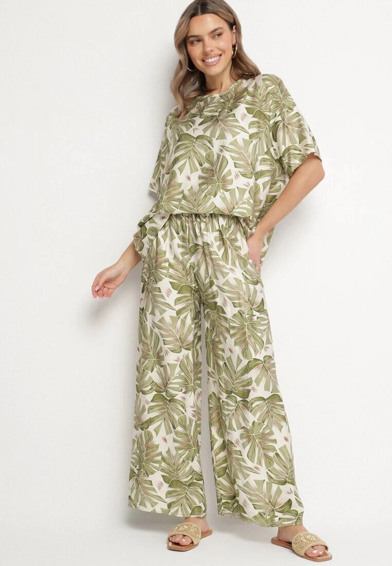 j&x Set viscoză verde închis cu model vegetal Pantaloni largi și tricou Evianira
