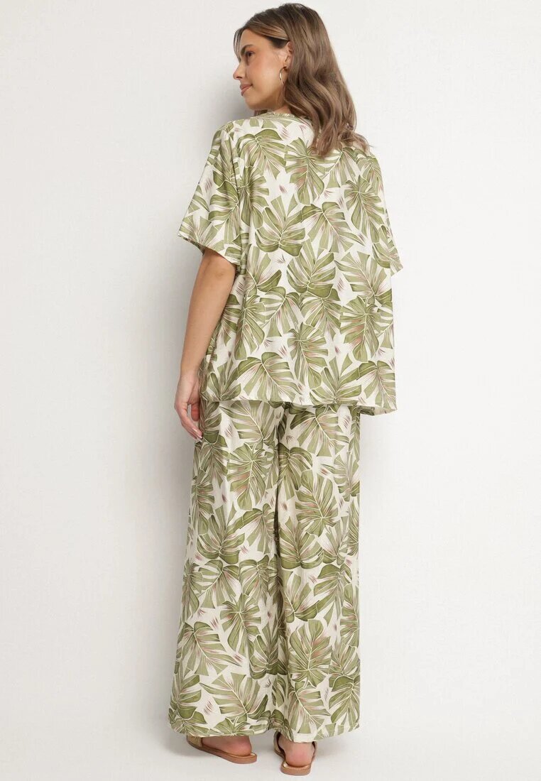 j&x Set viscoză verde închis cu model vegetal Pantaloni largi și tricou Evianira