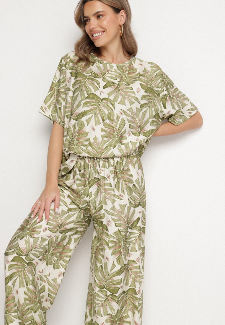 j&x Set viscoză verde închis cu model vegetal Pantaloni largi și tricou Evianira