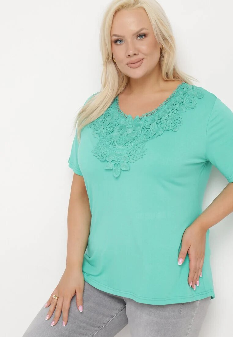 j&x T-shirt Clasic Verde cu Dantelă la Decolteu Fioma