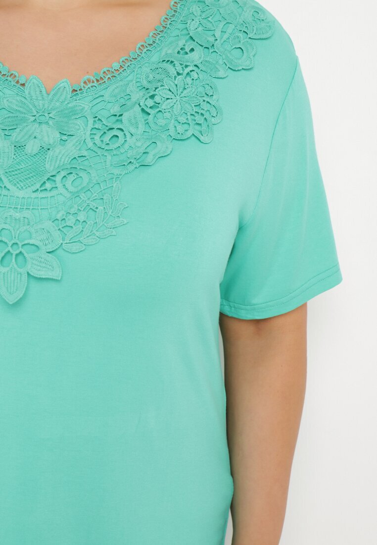 j&x T-shirt Clasic Verde cu Dantelă la Decolteu Fioma