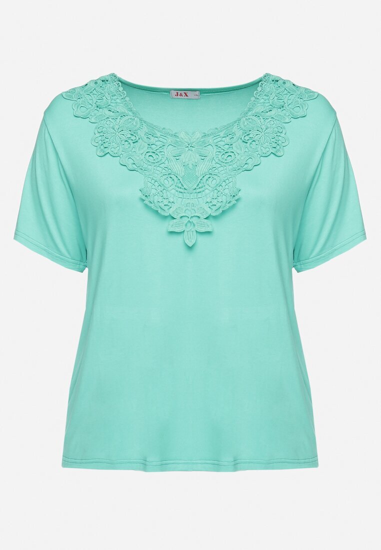 j&x T-shirt Clasic Verde cu Dantelă la Decolteu Fioma