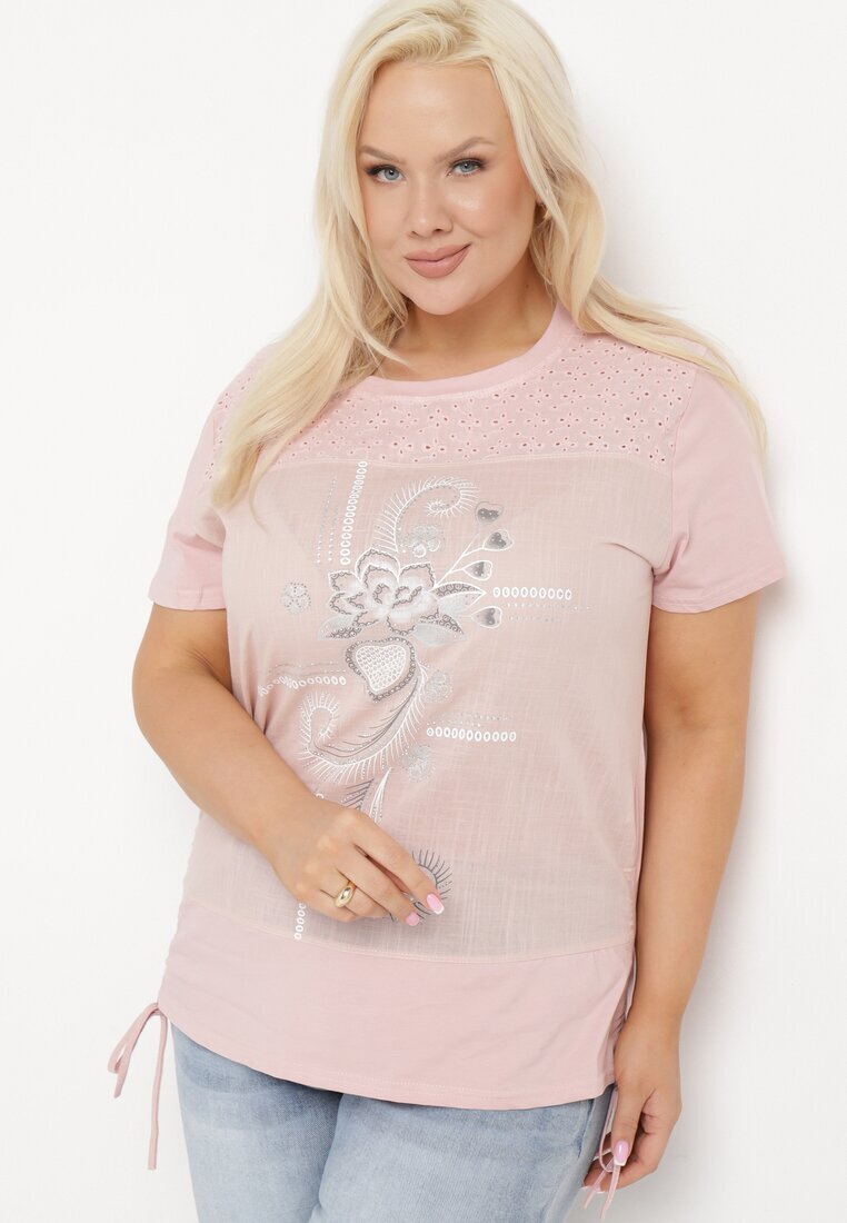 j&x T-shirt Roz din Bumbac Decorat cu Zirconii și Șnururi Laterale Forena