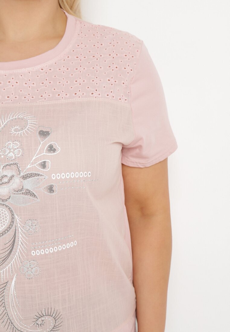 j&x T-shirt Roz din Bumbac Decorat cu Zirconii și Șnururi Laterale Forena