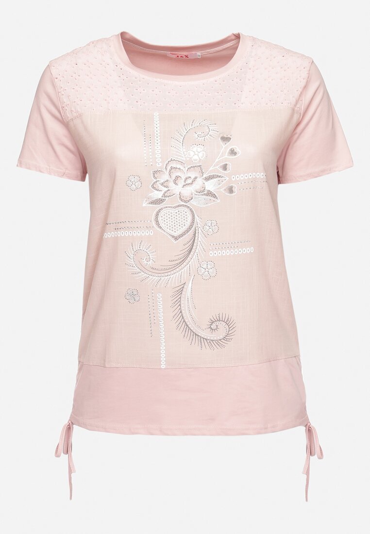 j&x T-shirt Roz din Bumbac Decorat cu Zirconii și Șnururi Laterale Forena