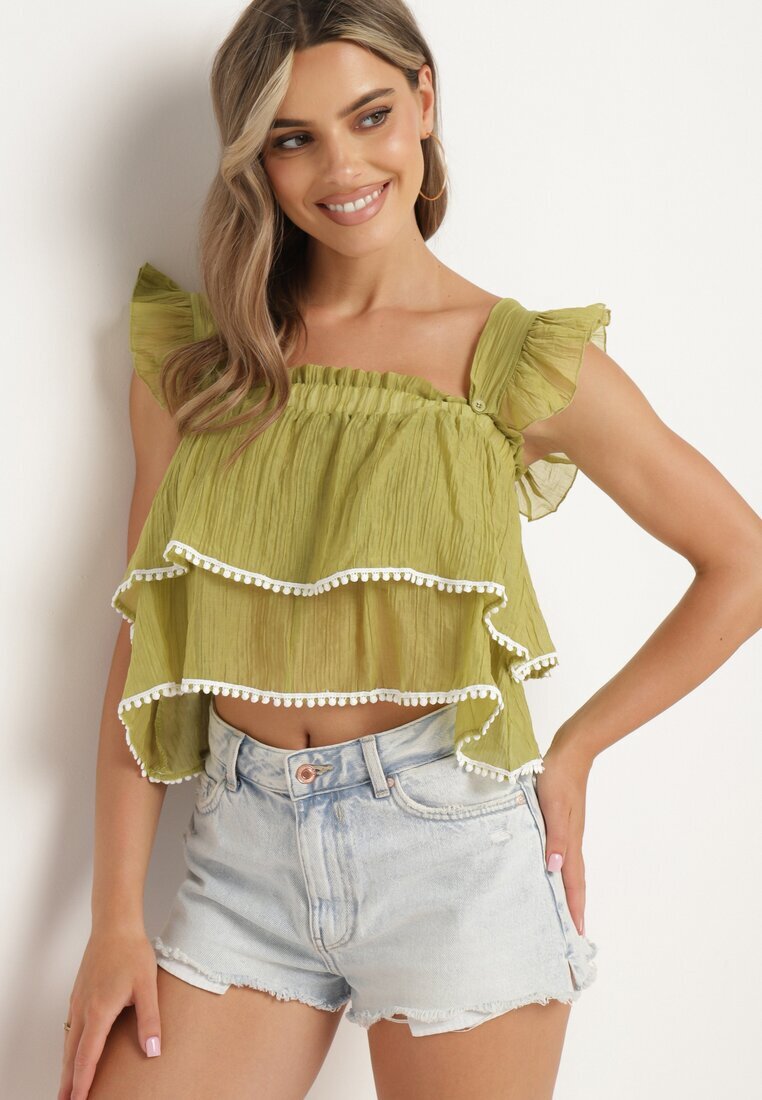 j&x Top Verde deschis cu bretele detașabil decorat cu volănaș Neveviana