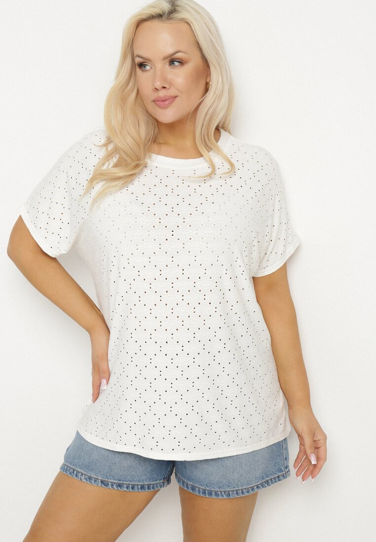 j&x Tricou Alb cu Bumbac și Model Ajourat Puzira
