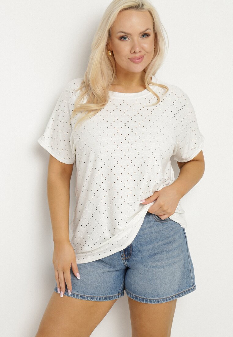 j&x Tricou Alb cu Bumbac și Model Ajourat Puzira