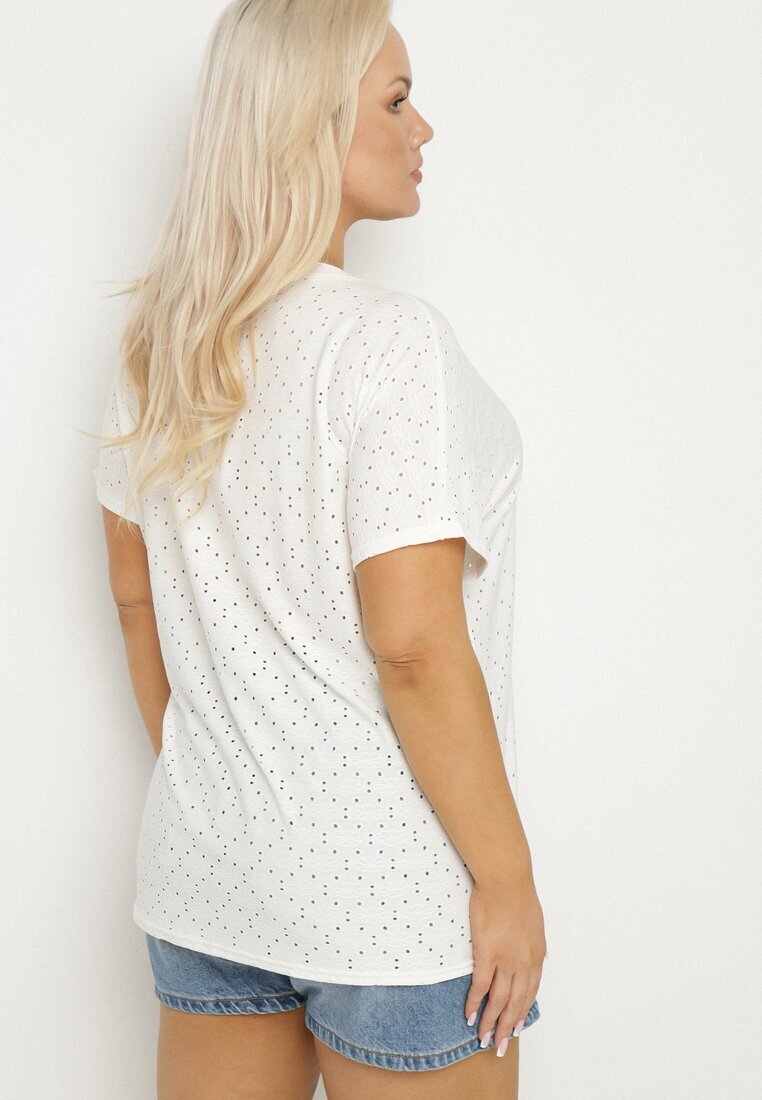 j&x Tricou Alb cu Bumbac și Model Ajourat Puzira