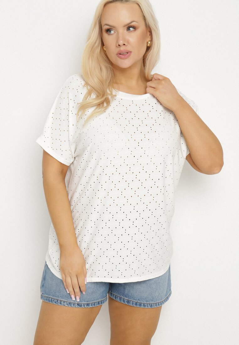 j&x Tricou Alb cu Bumbac și Model Ajourat Puzira