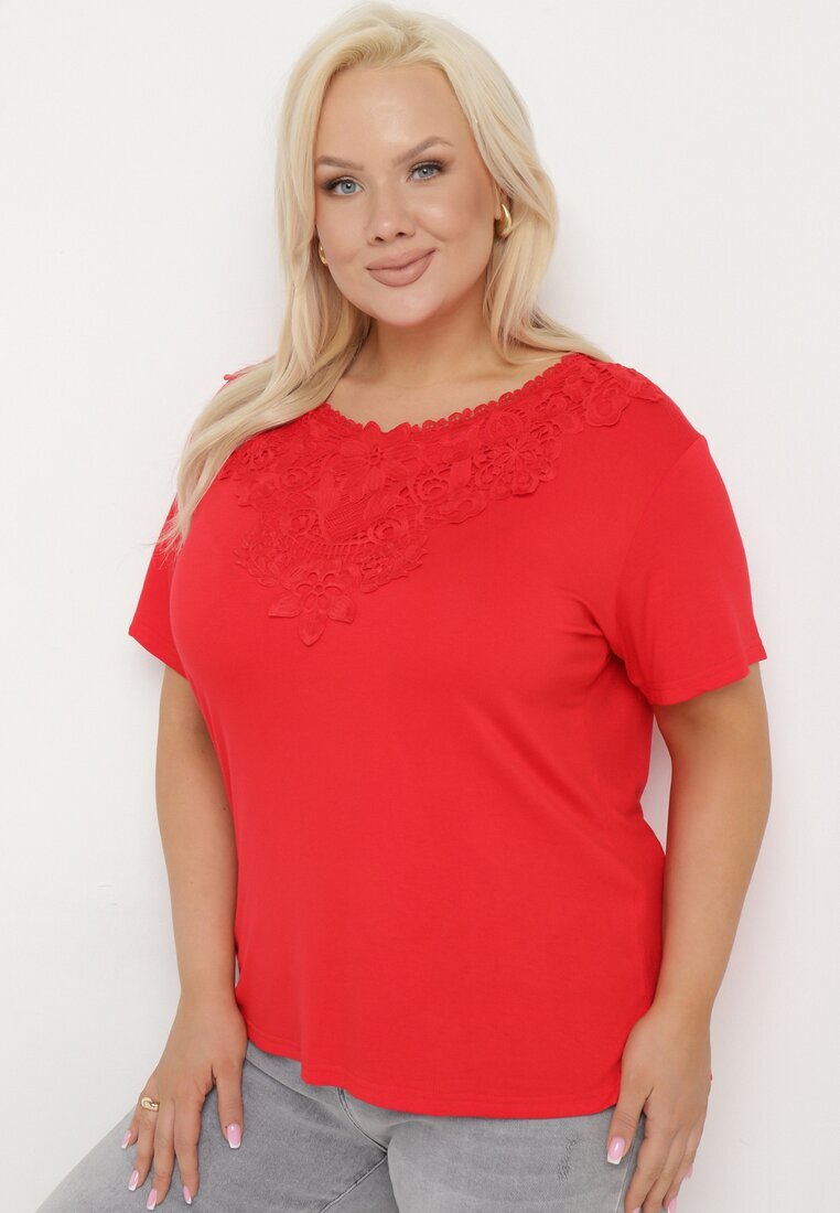 j&x Tricou Roșu Clasic cu Dantelă la Decolteu Fioma