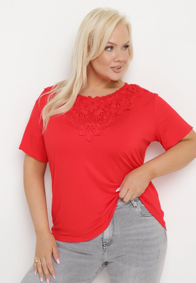 j&x Tricou Roșu Clasic cu Dantelă la Decolteu Fioma