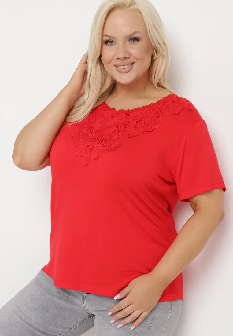 j&x Tricou Roșu Clasic cu Dantelă la Decolteu Fioma