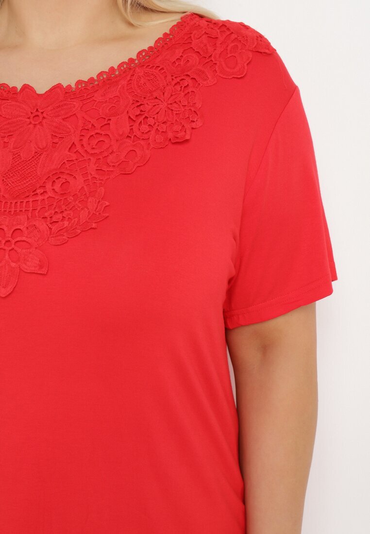 j&x Tricou Roșu Clasic cu Dantelă la Decolteu Fioma