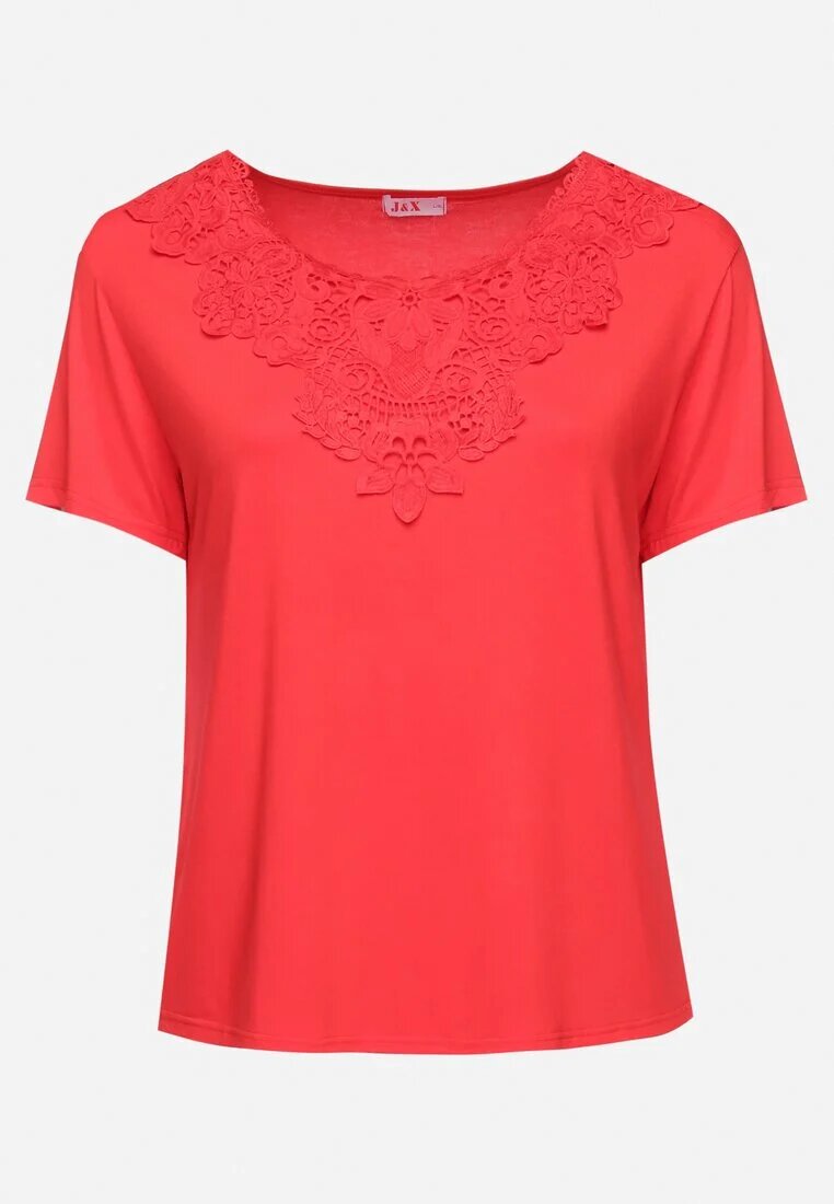 j&x Tricou Roșu Clasic cu Dantelă la Decolteu Fioma