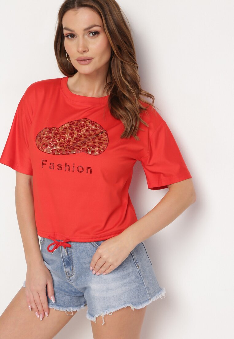 j&x Tricou Roșu Cu șnur la bază cu zirconii și imprimeu Moasstra