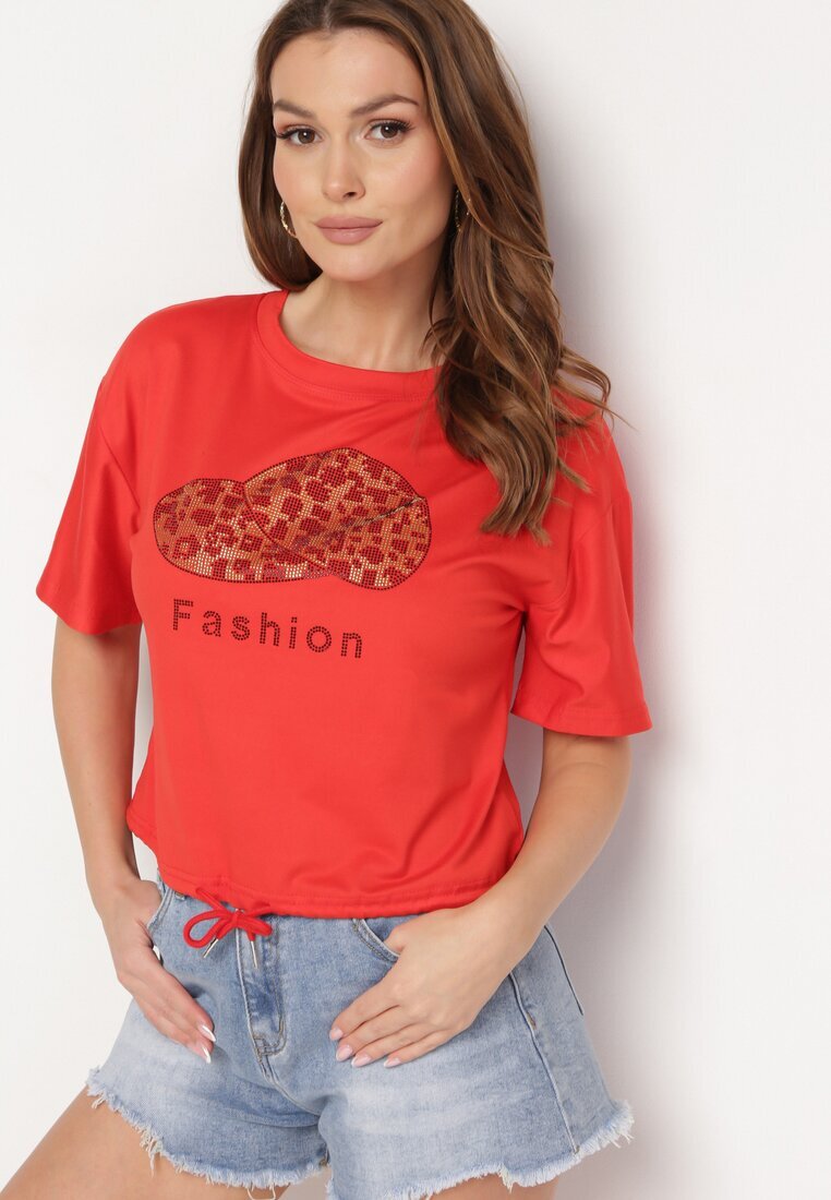j&x Tricou Roșu Cu șnur la bază cu zirconii și imprimeu Moasstra