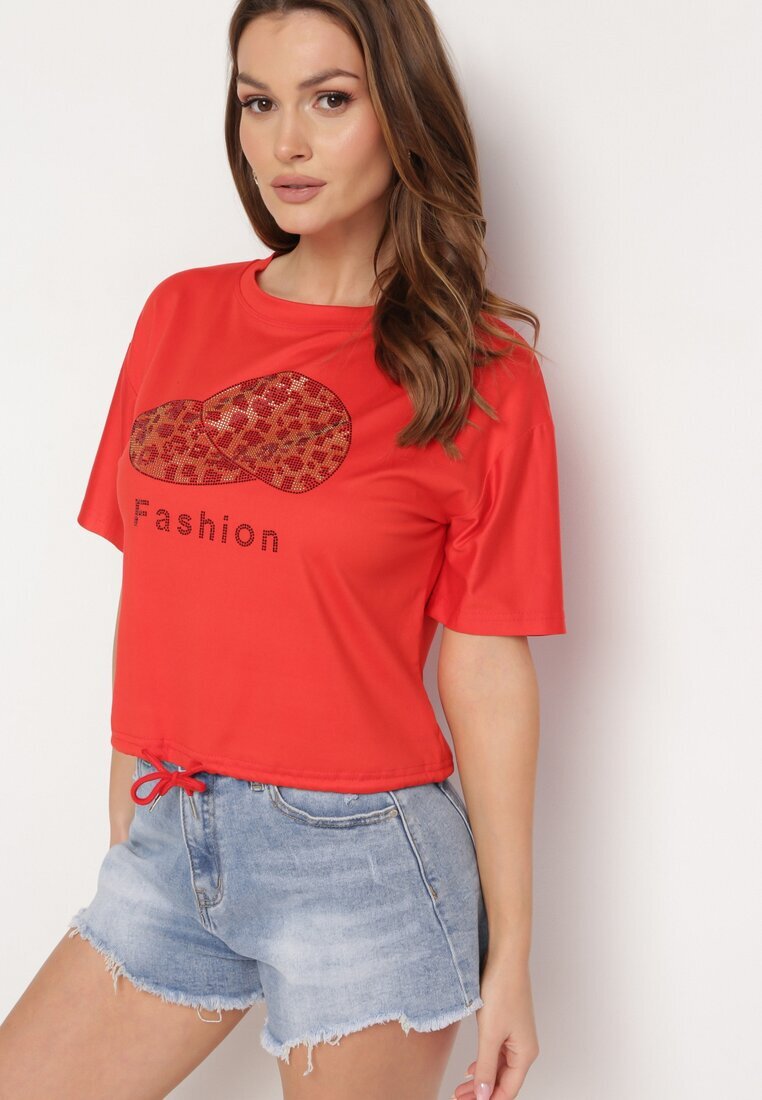 j&x Tricou Roșu Cu șnur la bază cu zirconii și imprimeu Moasstra