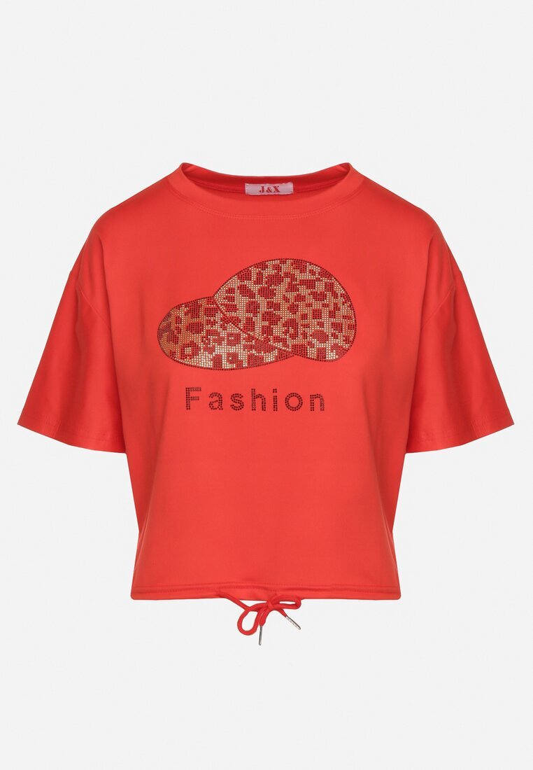j&x Tricou Roșu Cu șnur la bază cu zirconii și imprimeu Moasstra