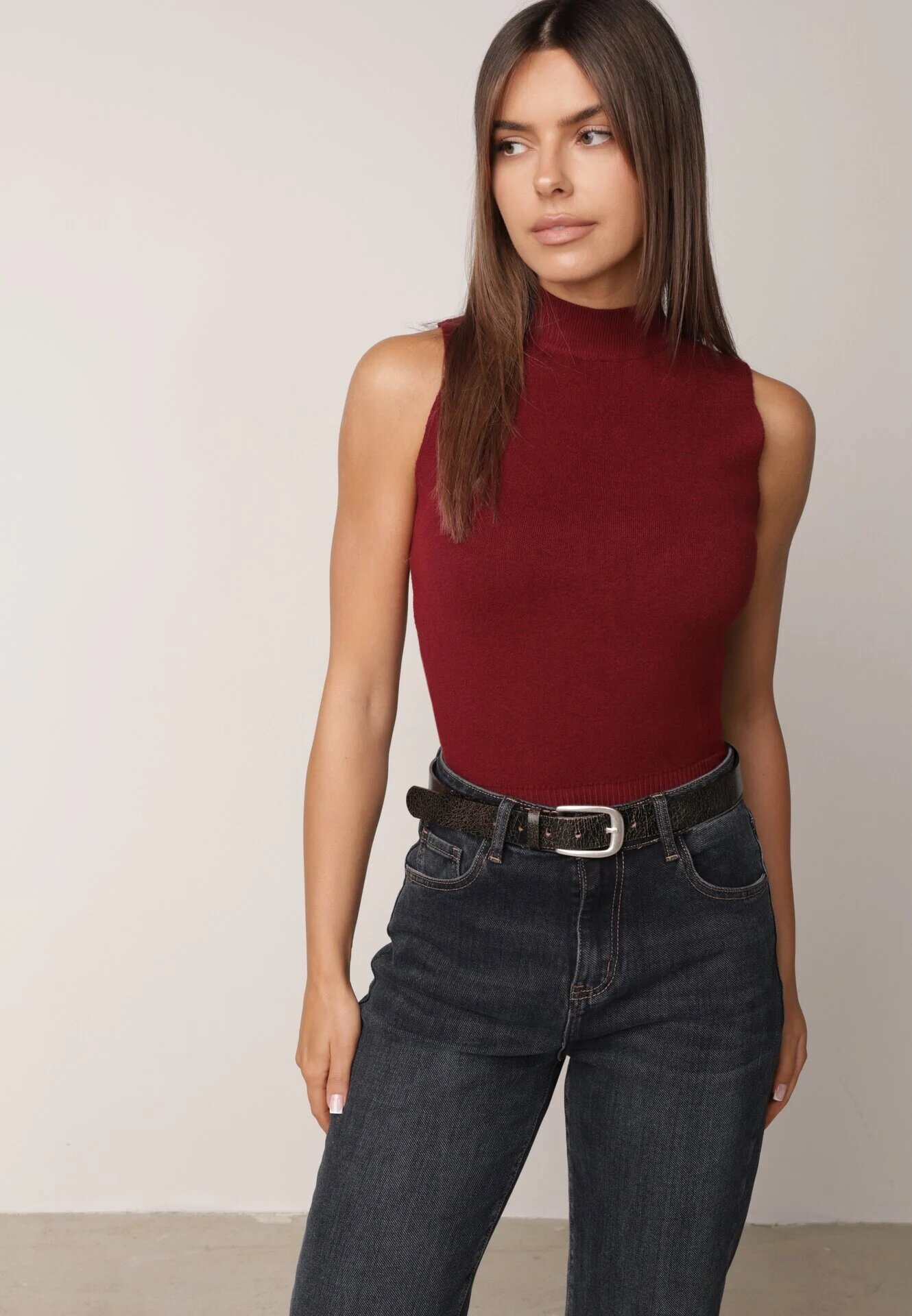 j&x Vestă tricotată casual cu viscoză și cu guler înalt Norabel Bej Bordo