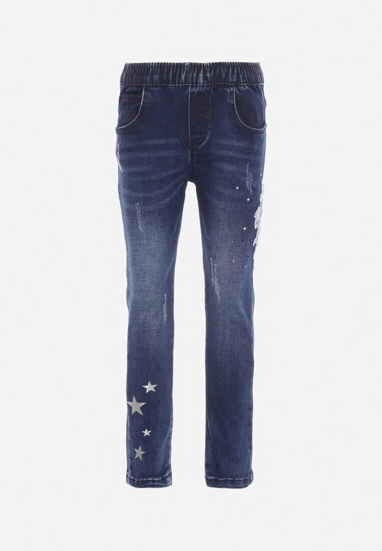  Jeans albaștri cu elastic în talie decorați cu aplicație și cu zirconii Ligustria