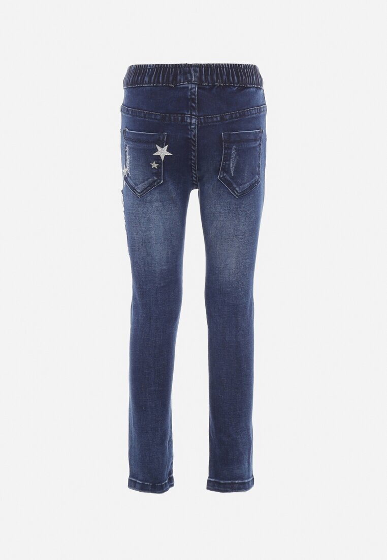  Jeans albaștri cu elastic în talie decorați cu aplicație și cu zirconii Ligustria