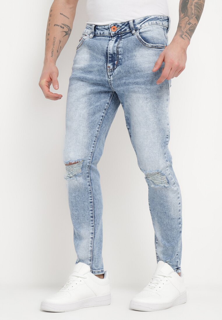  Jeans Albaștri de bumbac cu croială mulată cu rupturi și găuri Agistrea