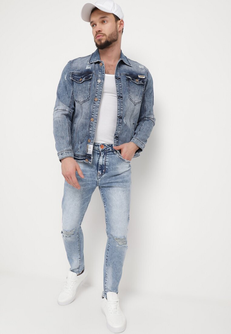  Jeans Albaștri de bumbac cu croială mulată cu rupturi și găuri Agistrea