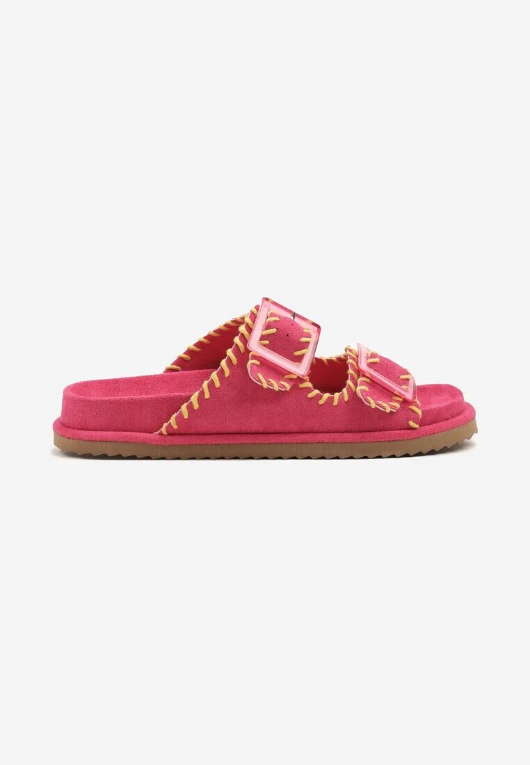 joalice paris Papuci Fucsia din Imitație de Velur cu Bretele cu Catarame Decorate cu Cusături Nalisha