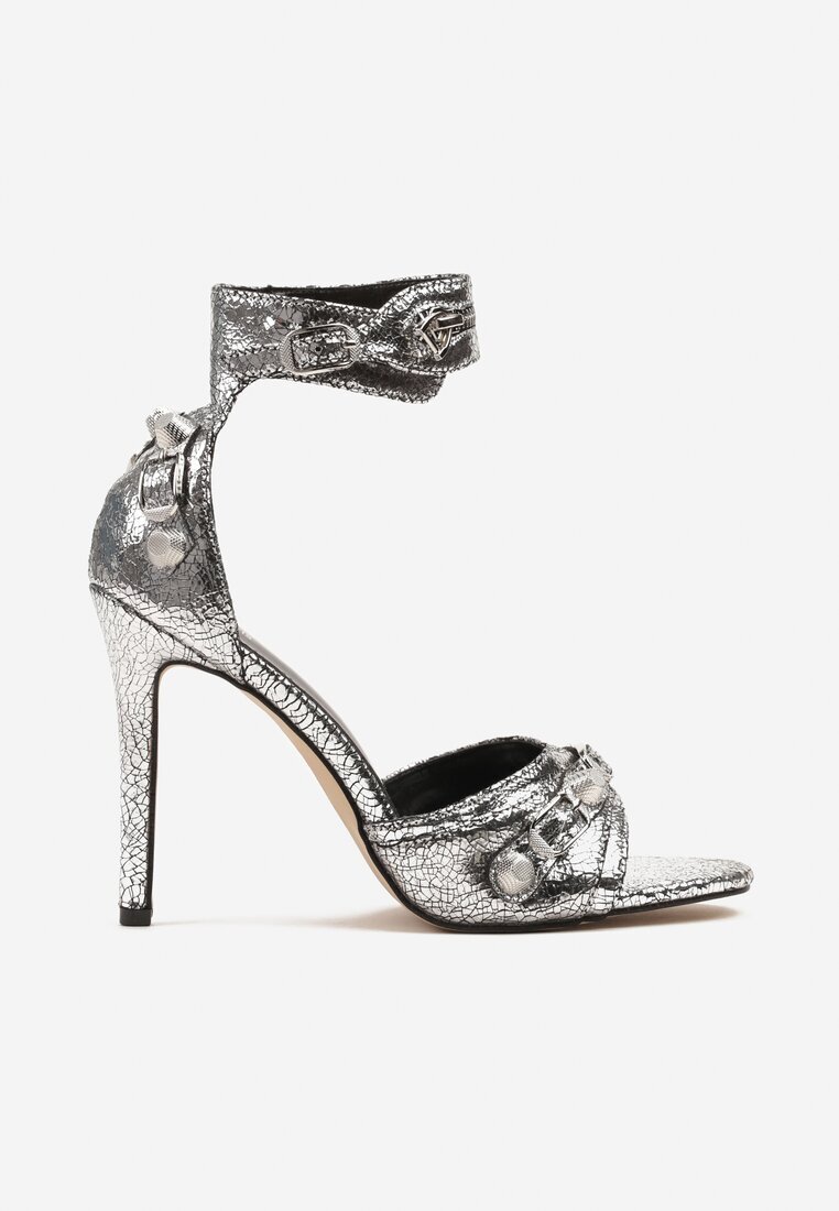 joalice paris Sandale Argintii cu toc Stiletto decorate cu catarame metalice și fermoar Polliviva