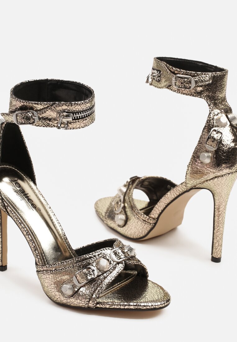 joalice paris Sandale Aurii cu toc stiletto decorate cu catarame metalice și fermoar Polliviva