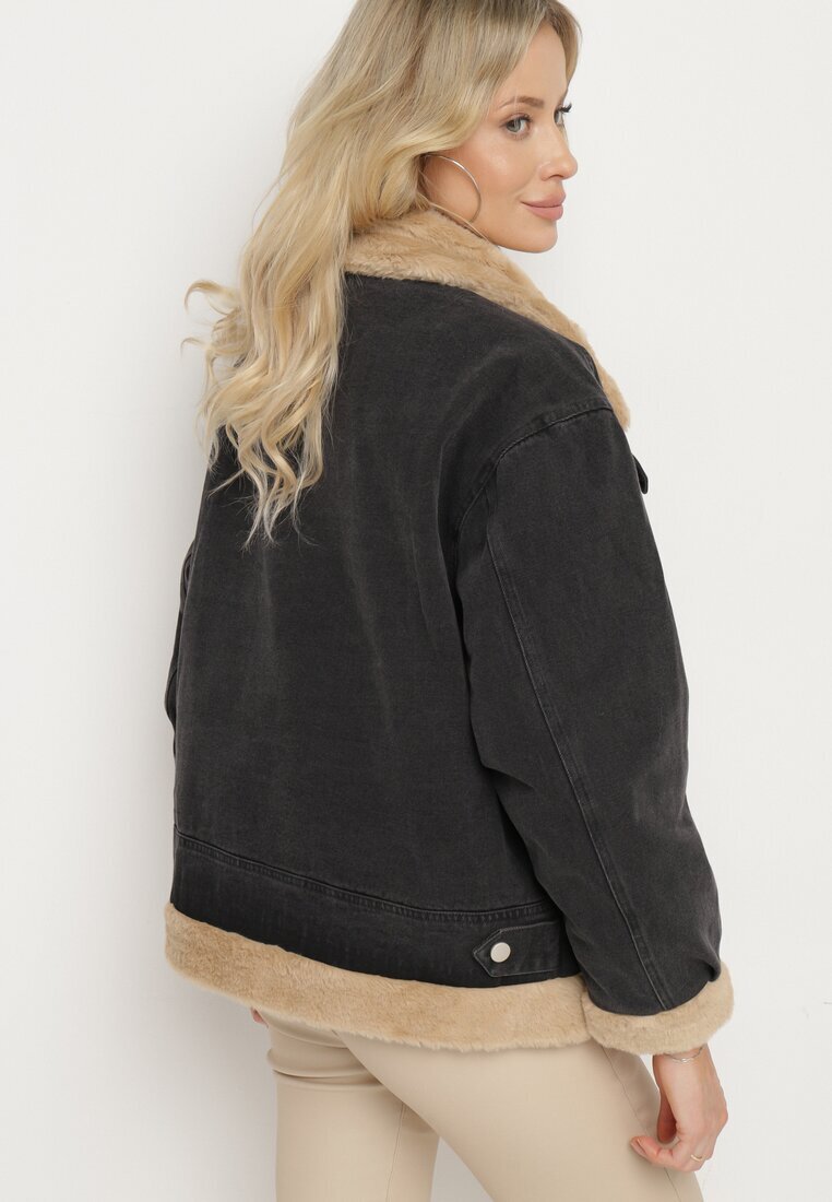 jstyle Geacă din denim Gri închis cu bumbac Decorată cu blană și cataramă Senivra