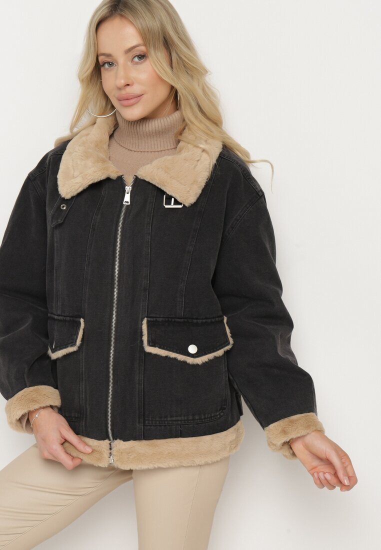 jstyle Geacă din denim Gri închis cu bumbac Decorată cu blană și cataramă Senivra