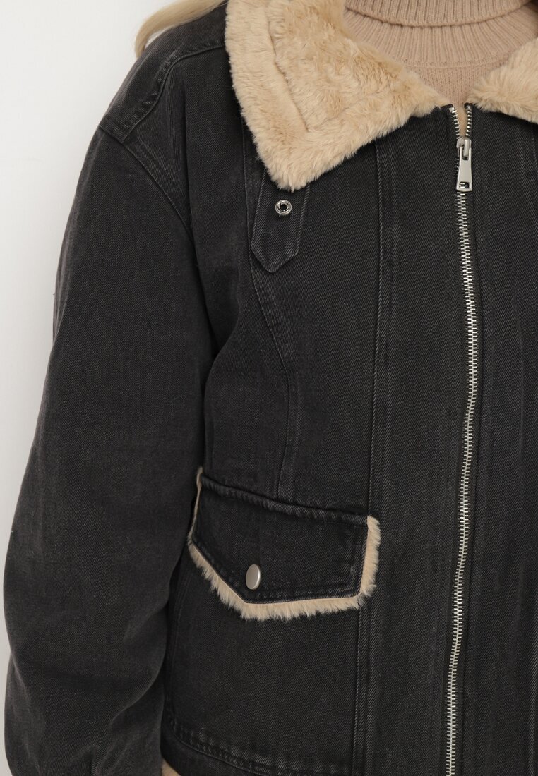 jstyle Geacă din denim Gri închis cu bumbac Decorată cu blană și cataramă Senivra