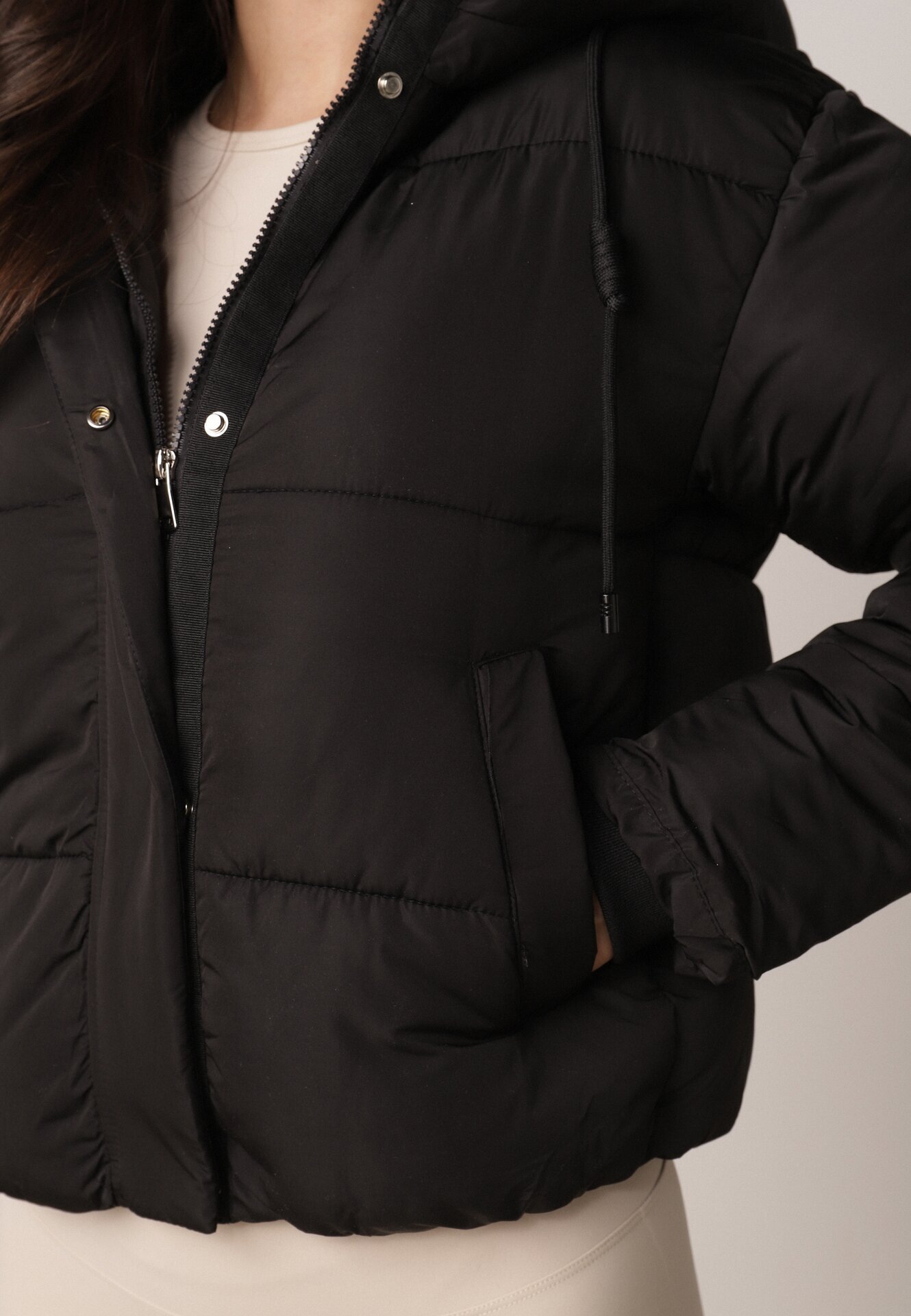 jstyle Geacă Neagră Matlasată Puffer cu Glugă Miviera