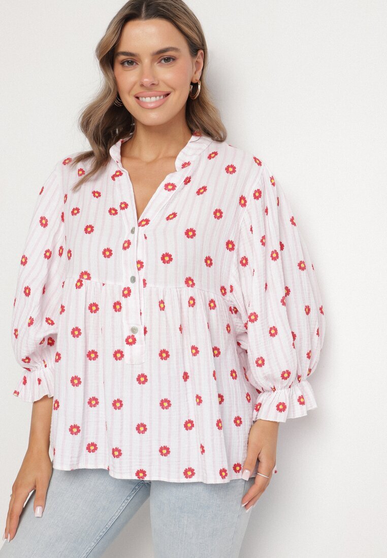 jumelle Cămașă Roz-Roșie din Bumbac cu Decolteu în V cu Model Floral Mailovelle