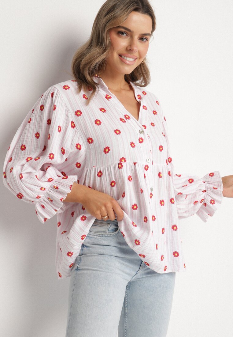 jumelle Cămașă Roz-Roșie din Bumbac cu Decolteu în V cu Model Floral Mailovelle