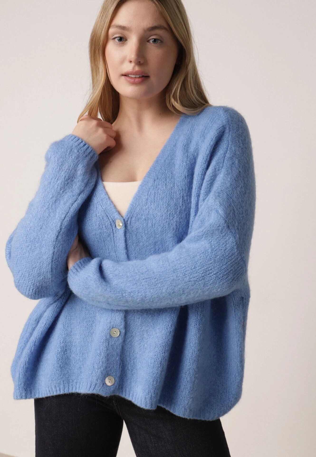jumelle Cardigan Albastru cu Decolteu în V din Tricot cu Lână și Mohair Lismio