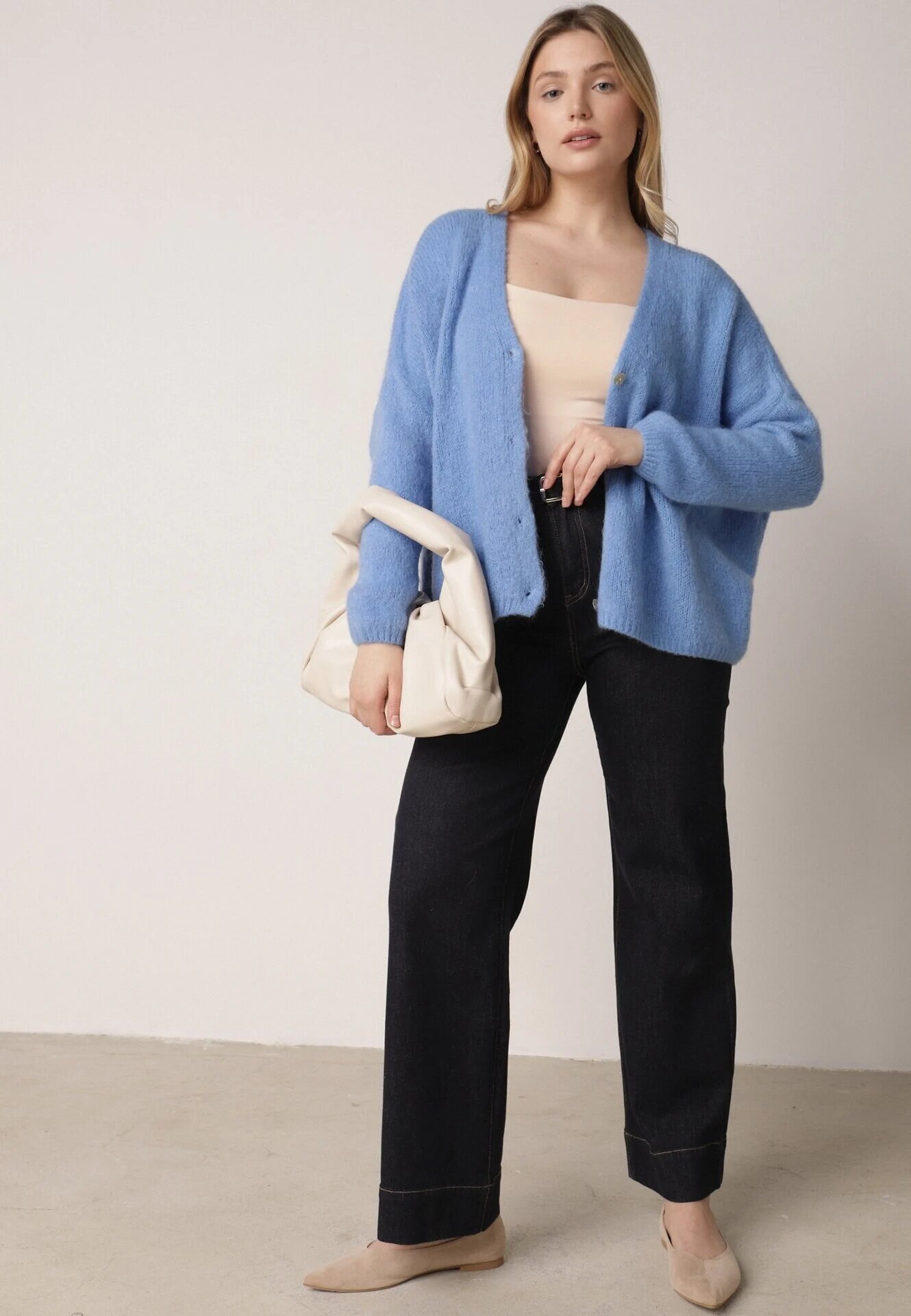 jumelle Cardigan Albastru cu Decolteu în V din Tricot cu Lână și Mohair Lismio
