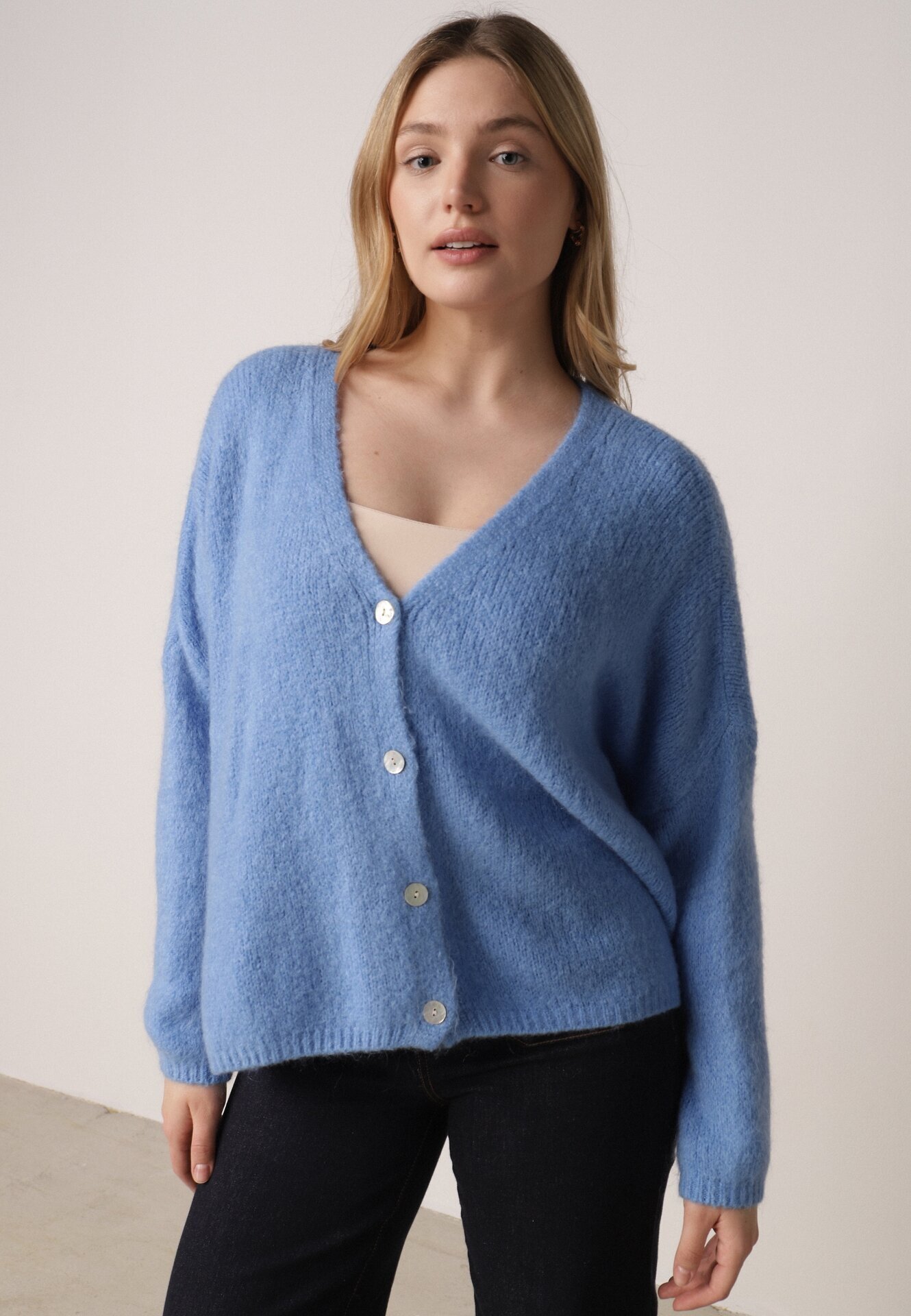 jumelle Cardigan Albastru cu Decolteu în V din Tricot cu Lână și Mohair Lismio