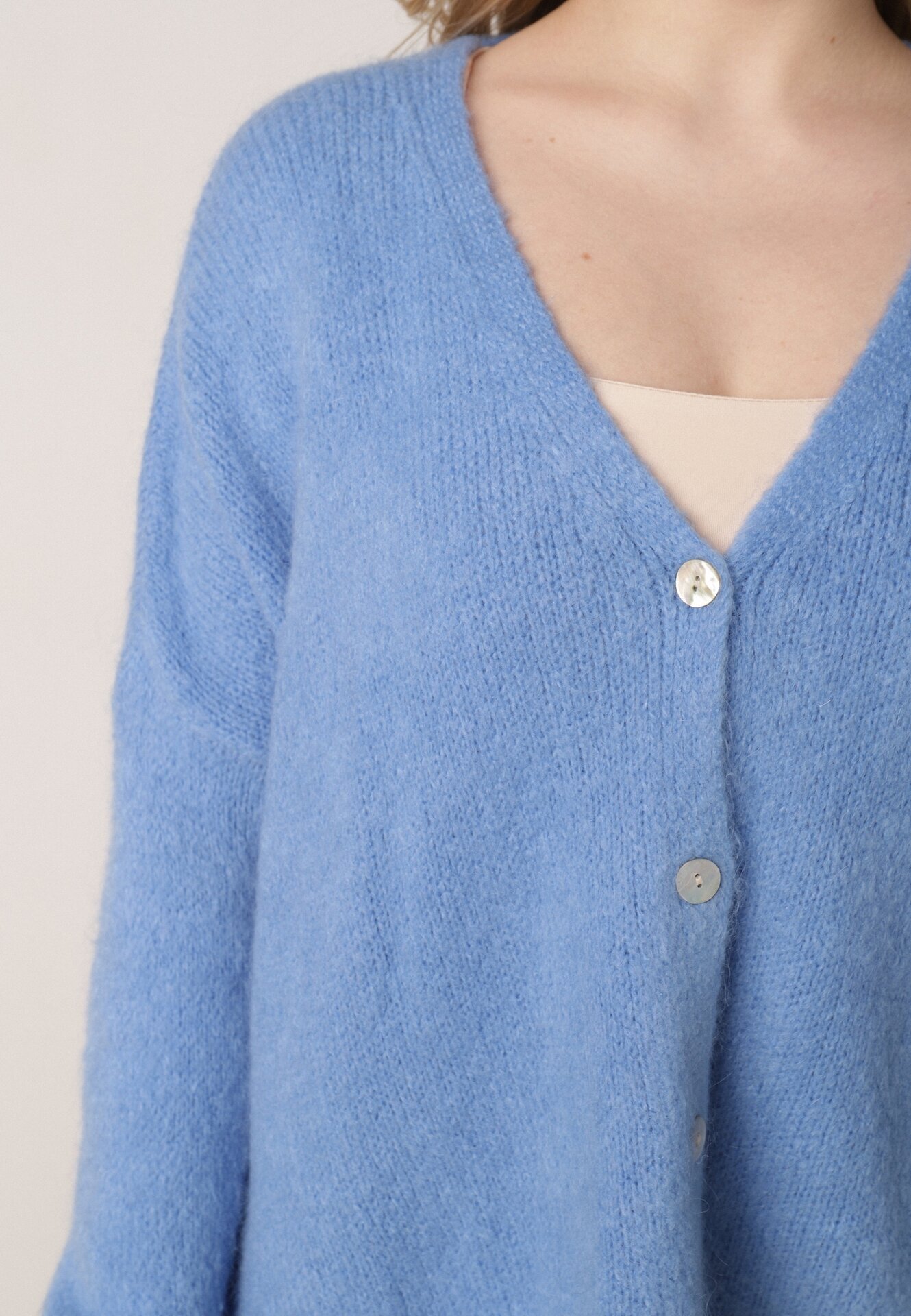 jumelle Cardigan Albastru cu Decolteu în V din Tricot cu Lână și Mohair Lismio