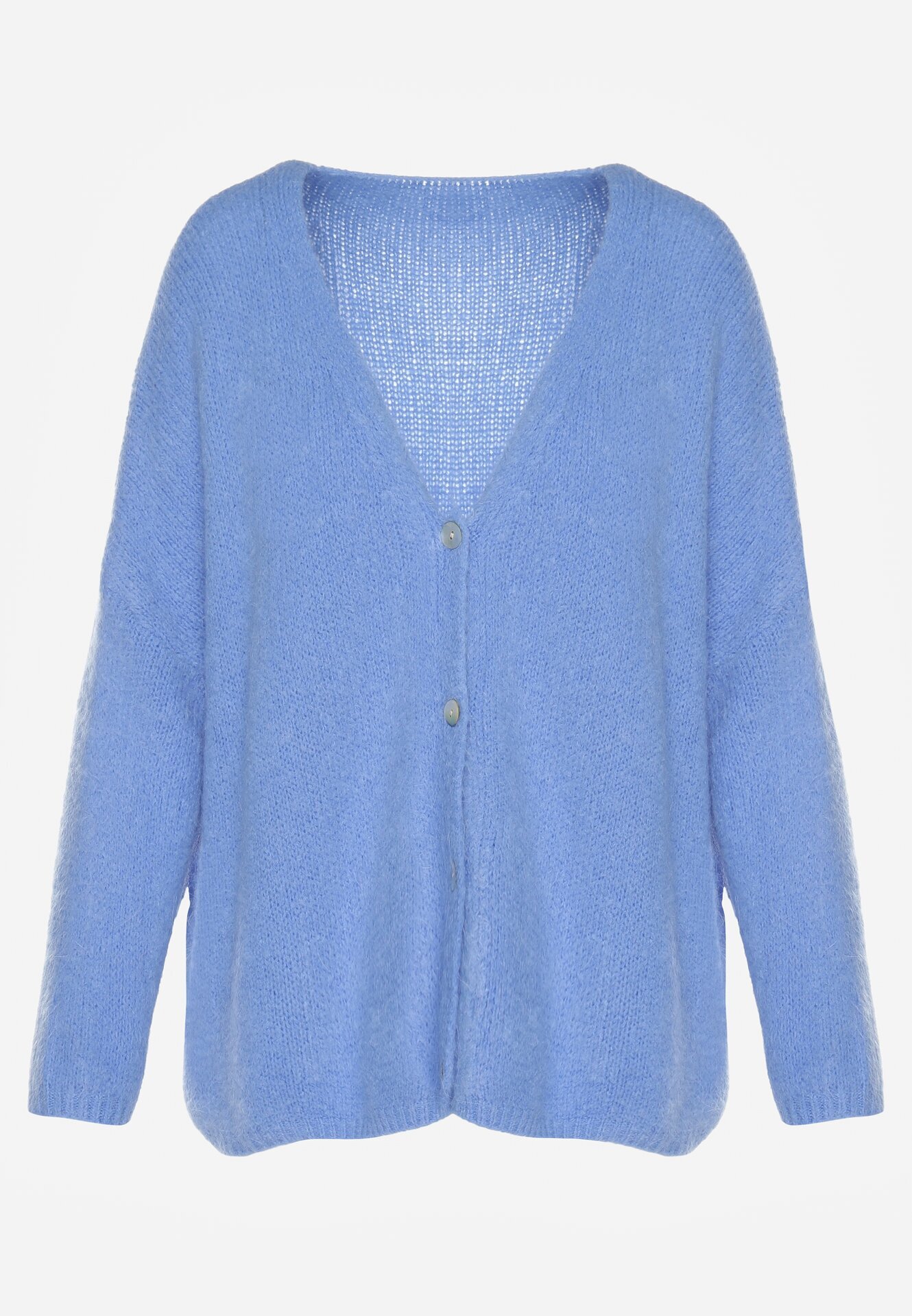 jumelle Cardigan Albastru cu Decolteu în V din Tricot cu Lână și Mohair Lismio