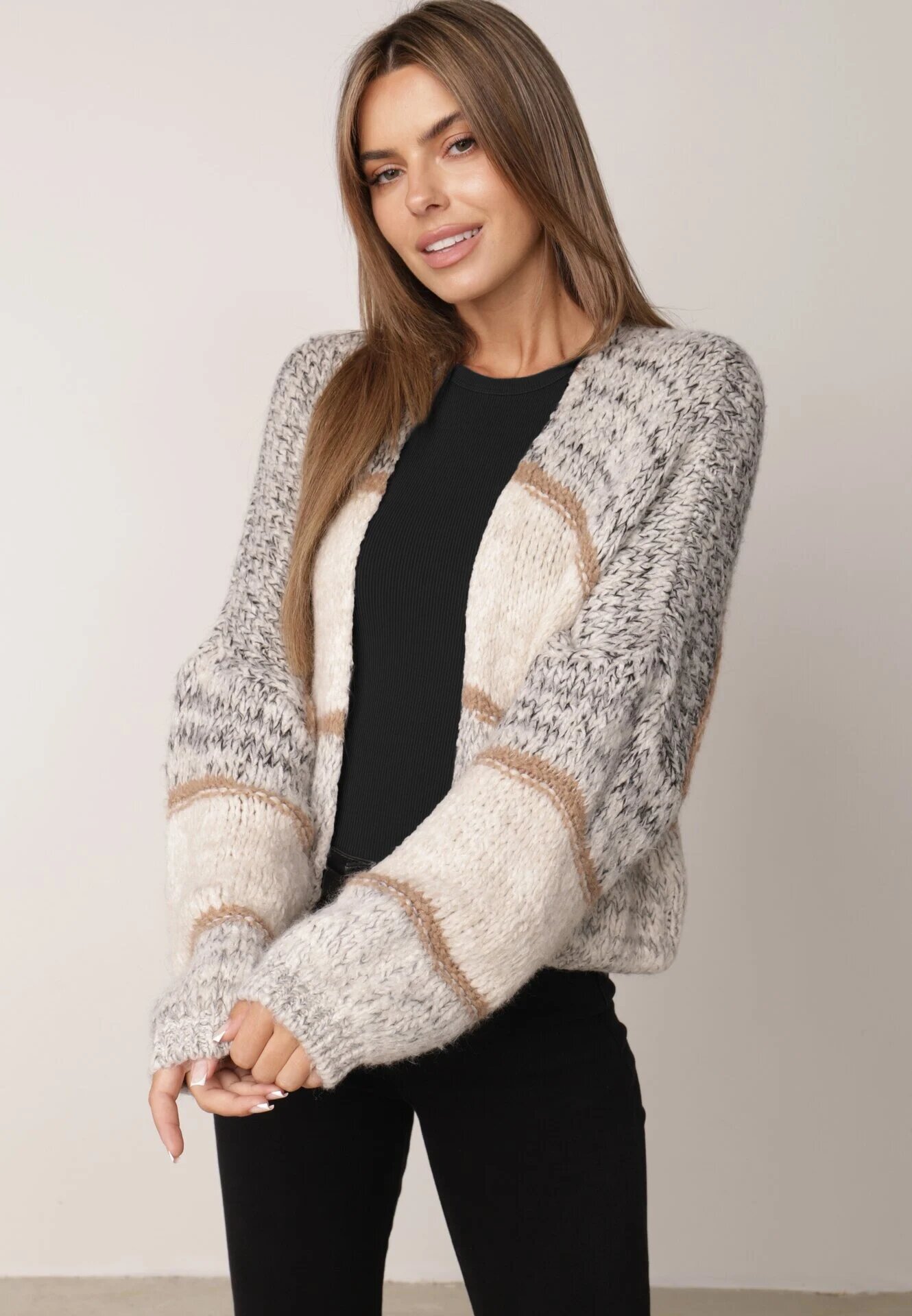 jumelle Cardigan Bej Deschis cu amestec de lână în dungi Argulia