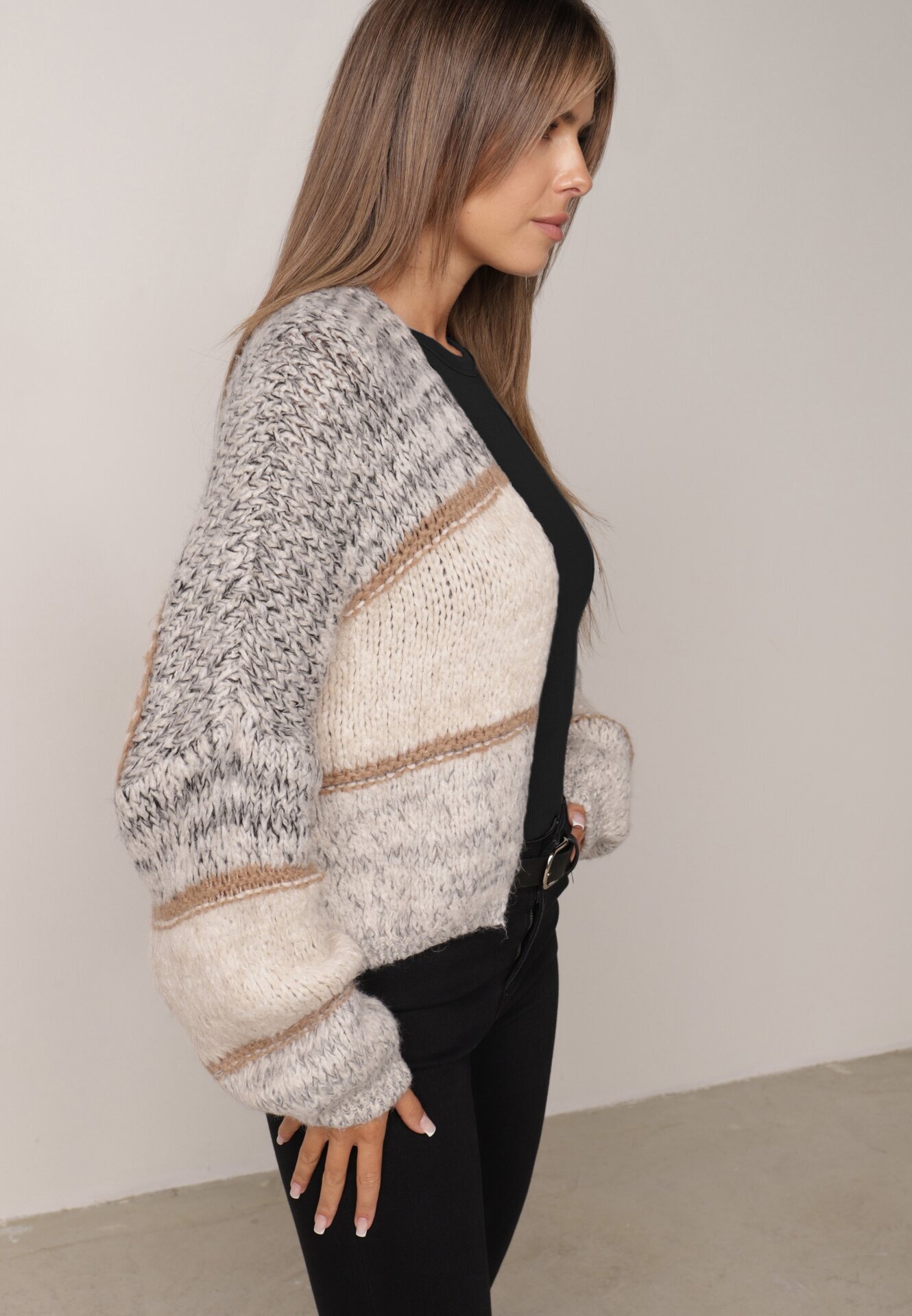 jumelle Cardigan Bej Deschis cu amestec de lână în dungi Argulia
