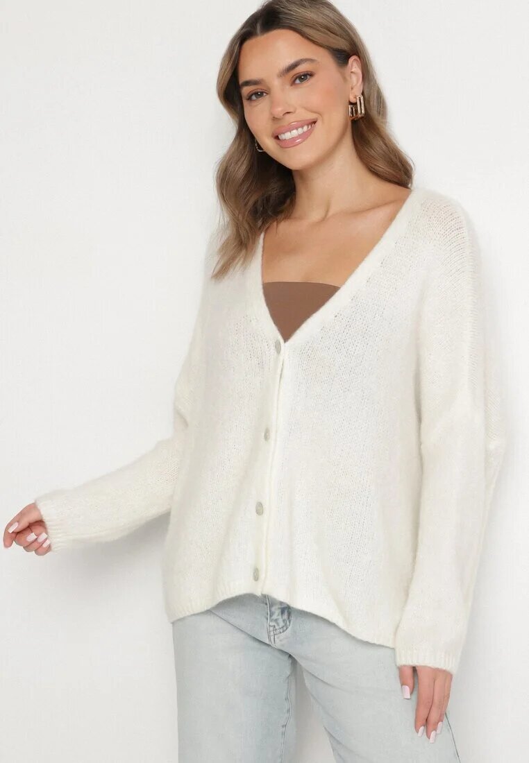 jumelle Cardigan bej deschis cu decolteu în V din tricot cu lână și mohair Lismio