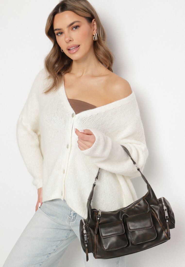 jumelle Cardigan bej deschis cu decolteu în V din tricot cu lână și mohair Lismio