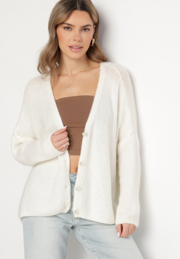 jumelle Cardigan bej deschis cu decolteu în V din tricot cu lână și mohair Lismio