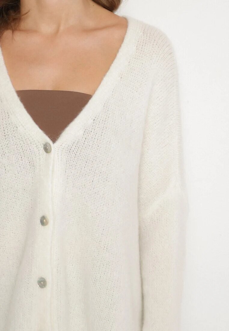 jumelle Cardigan bej deschis cu decolteu în V din tricot cu lână și mohair Lismio