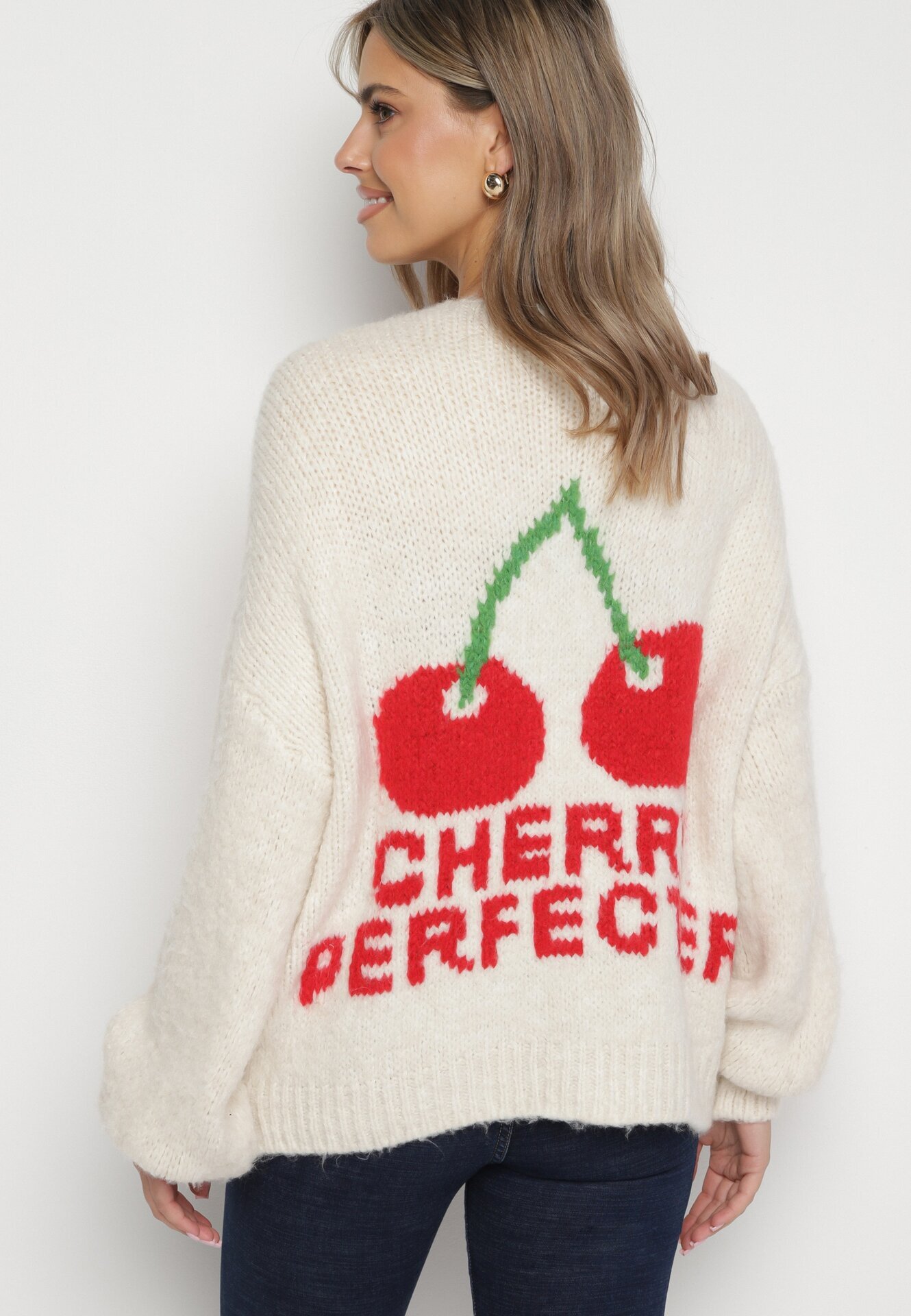 jumelle Cardigan bej deschis din Lână Decorat cu Cireașă și cu Inscripția Irissora